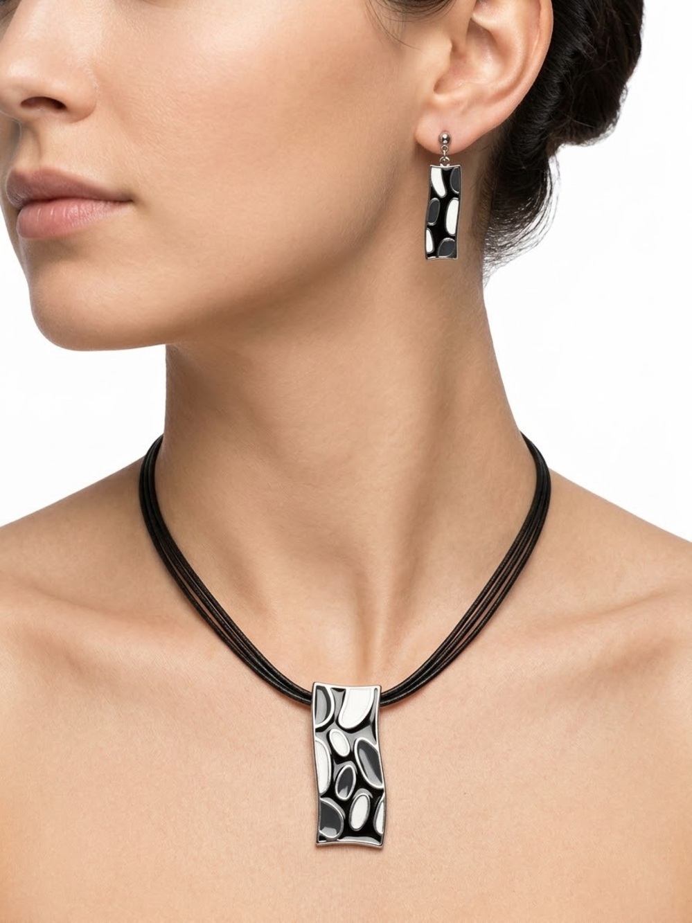 Contemporary Black and Silver Drop Pendant Necklace & Earrings Set